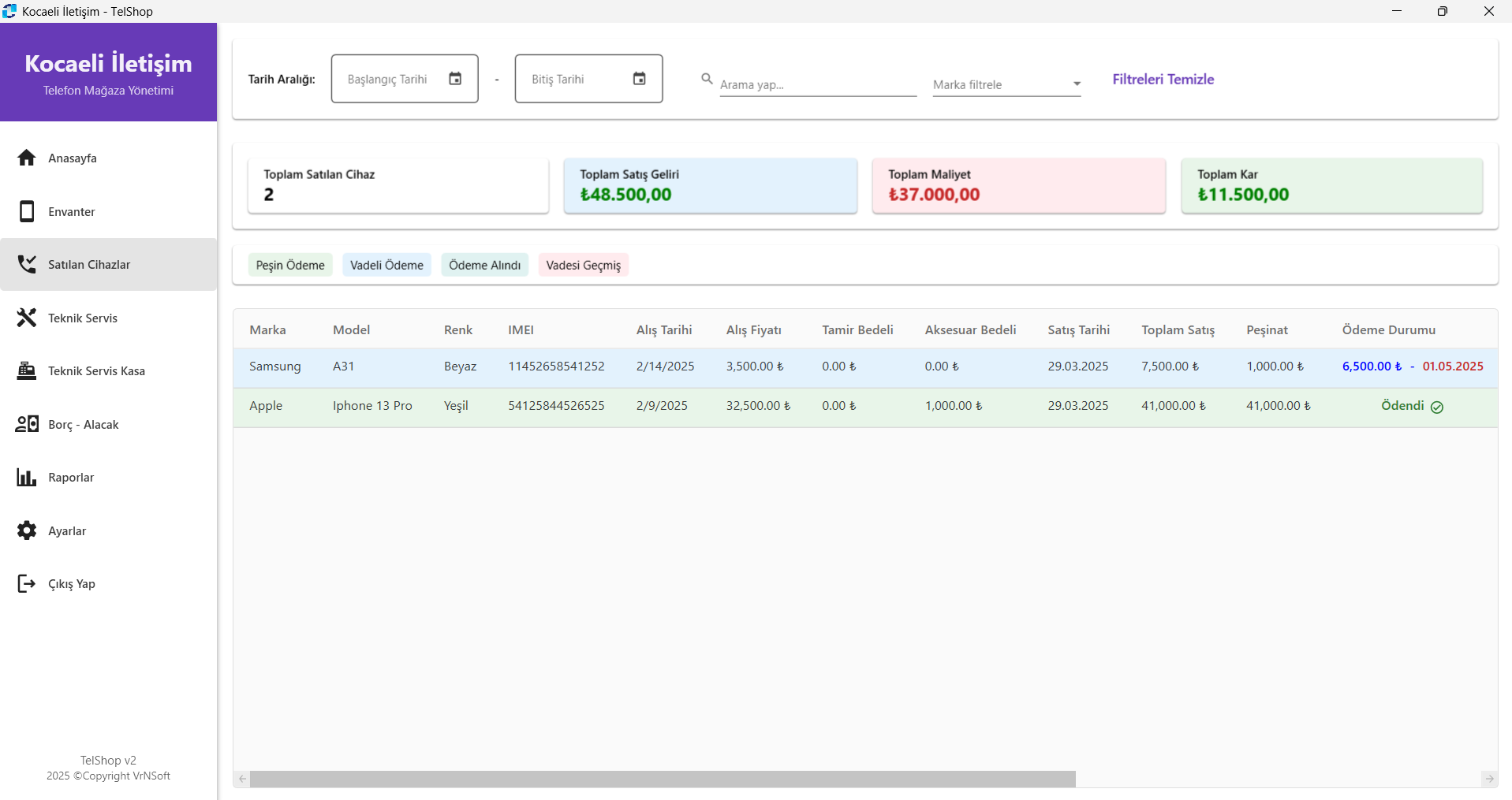 TelShop Satış Yönetimi Ekranı
