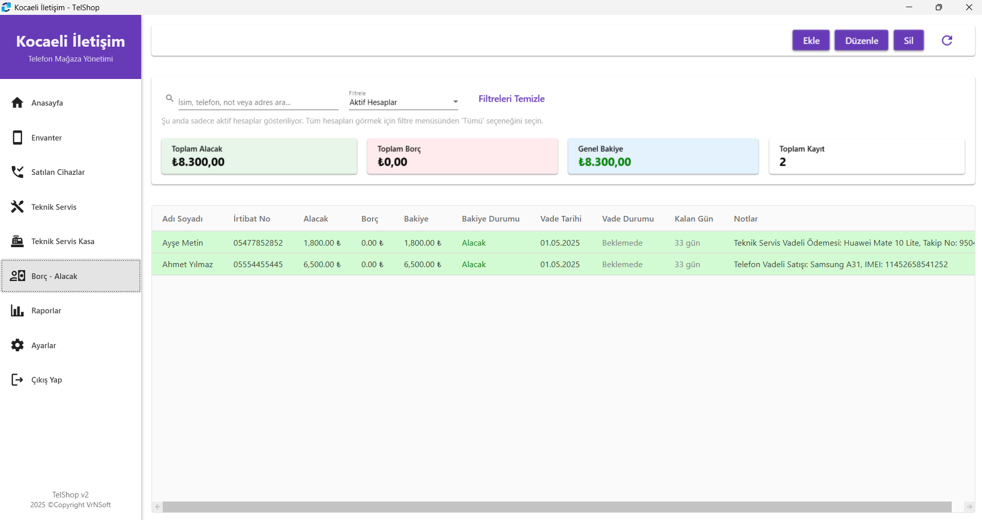 TelShop Borç-Alacak Takip Ekranı