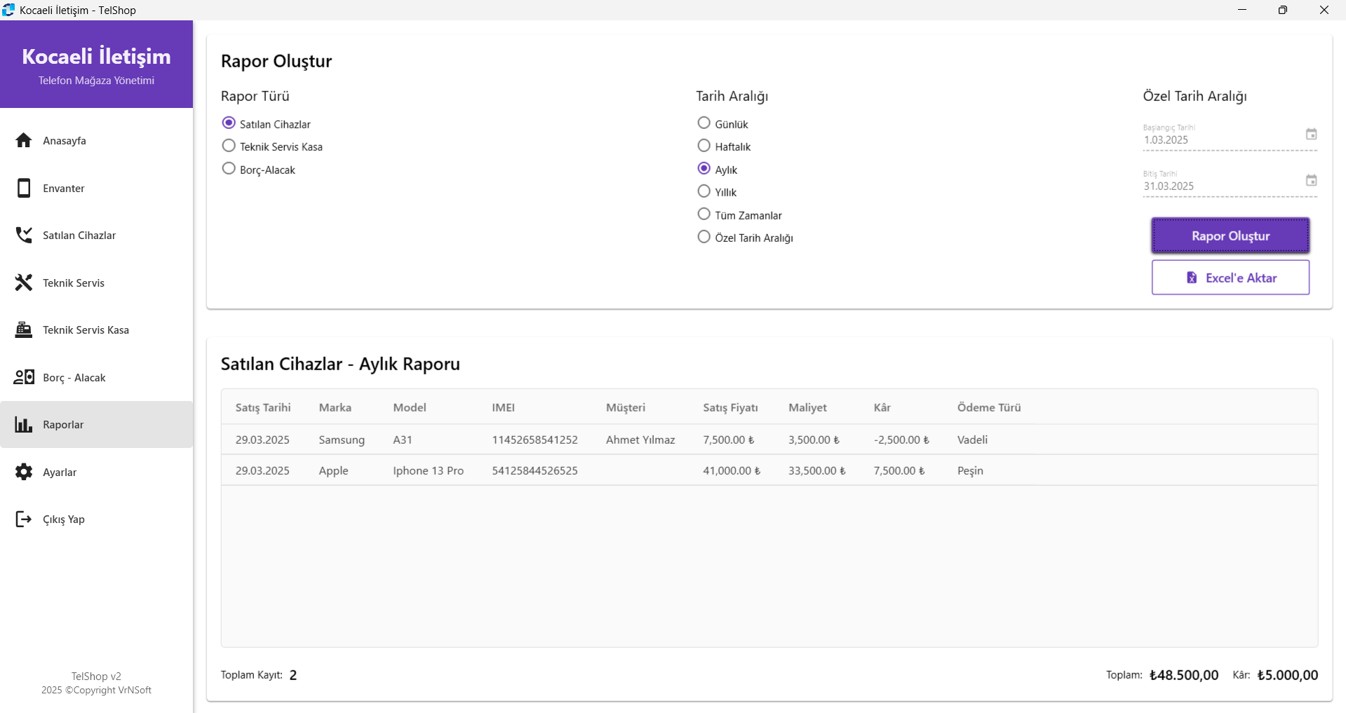 TelShop Raporlama Ekranı