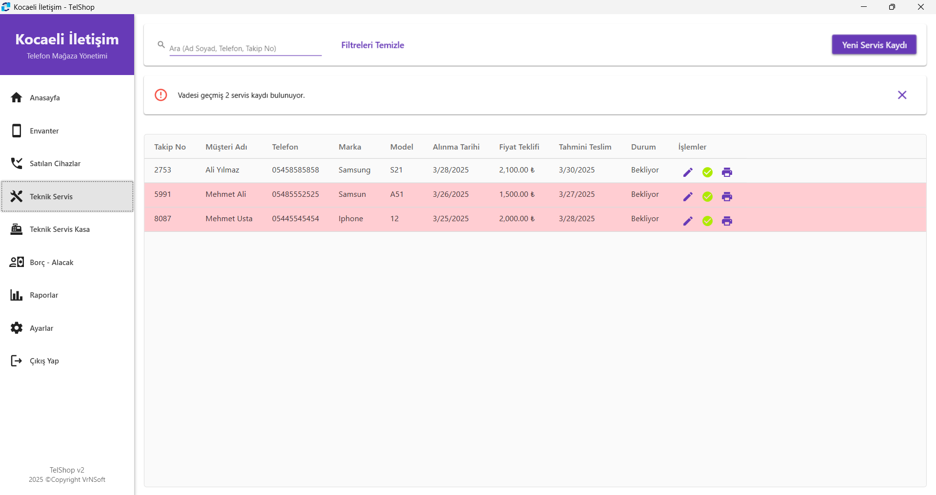 TelShop Teknik Servis Ekranı