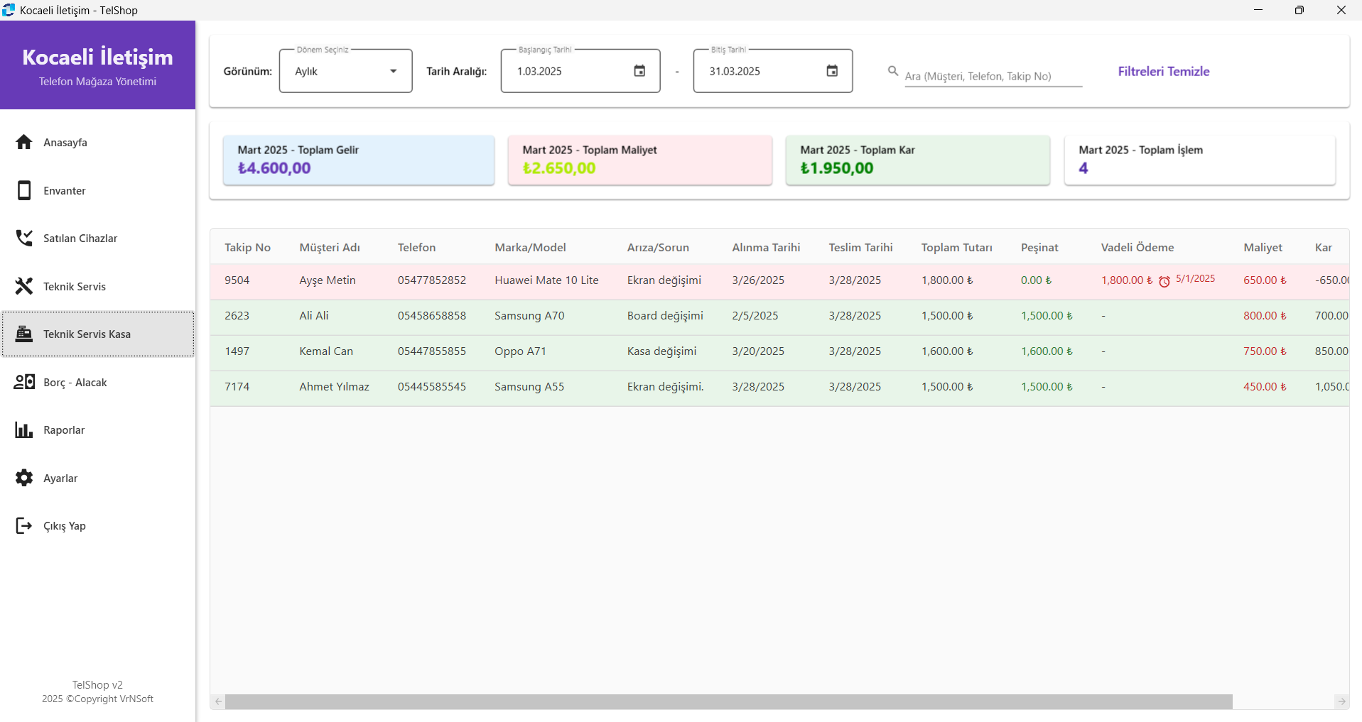 TelShop Servis Kasa Ekranı