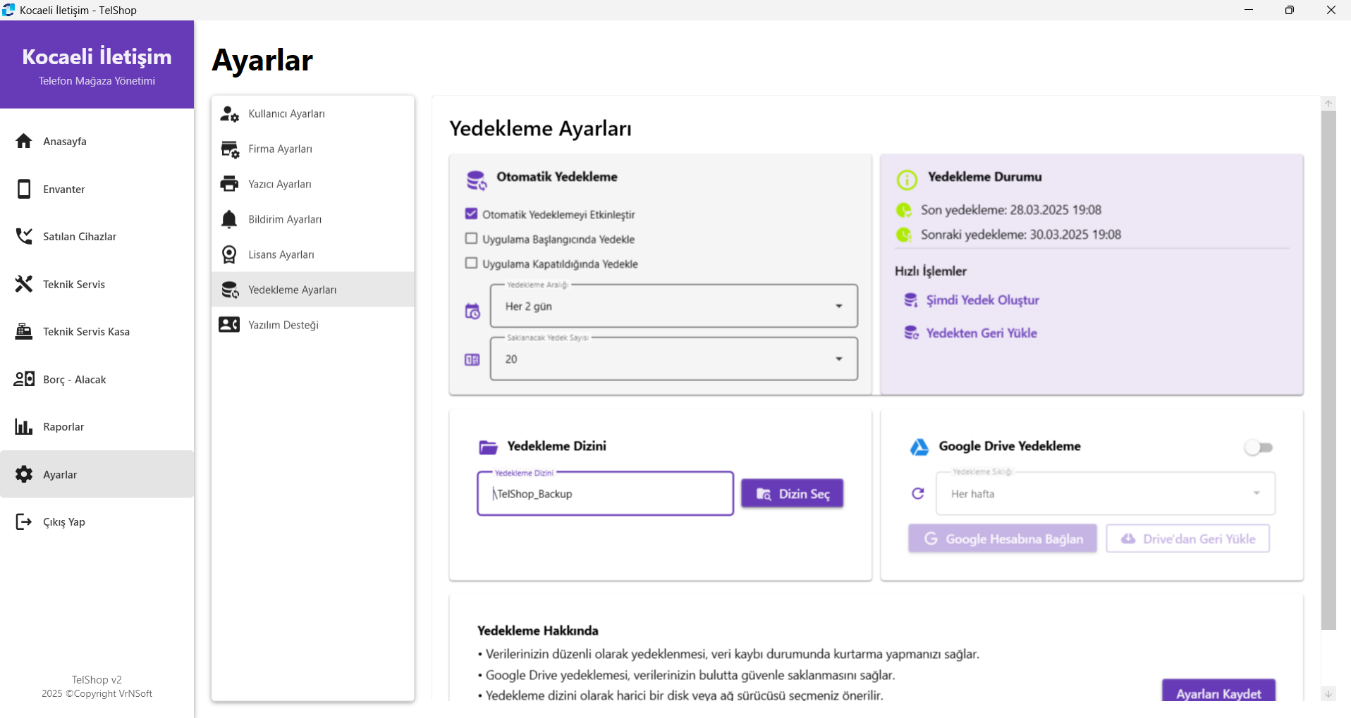 TelShop Yedekleme Ekranı