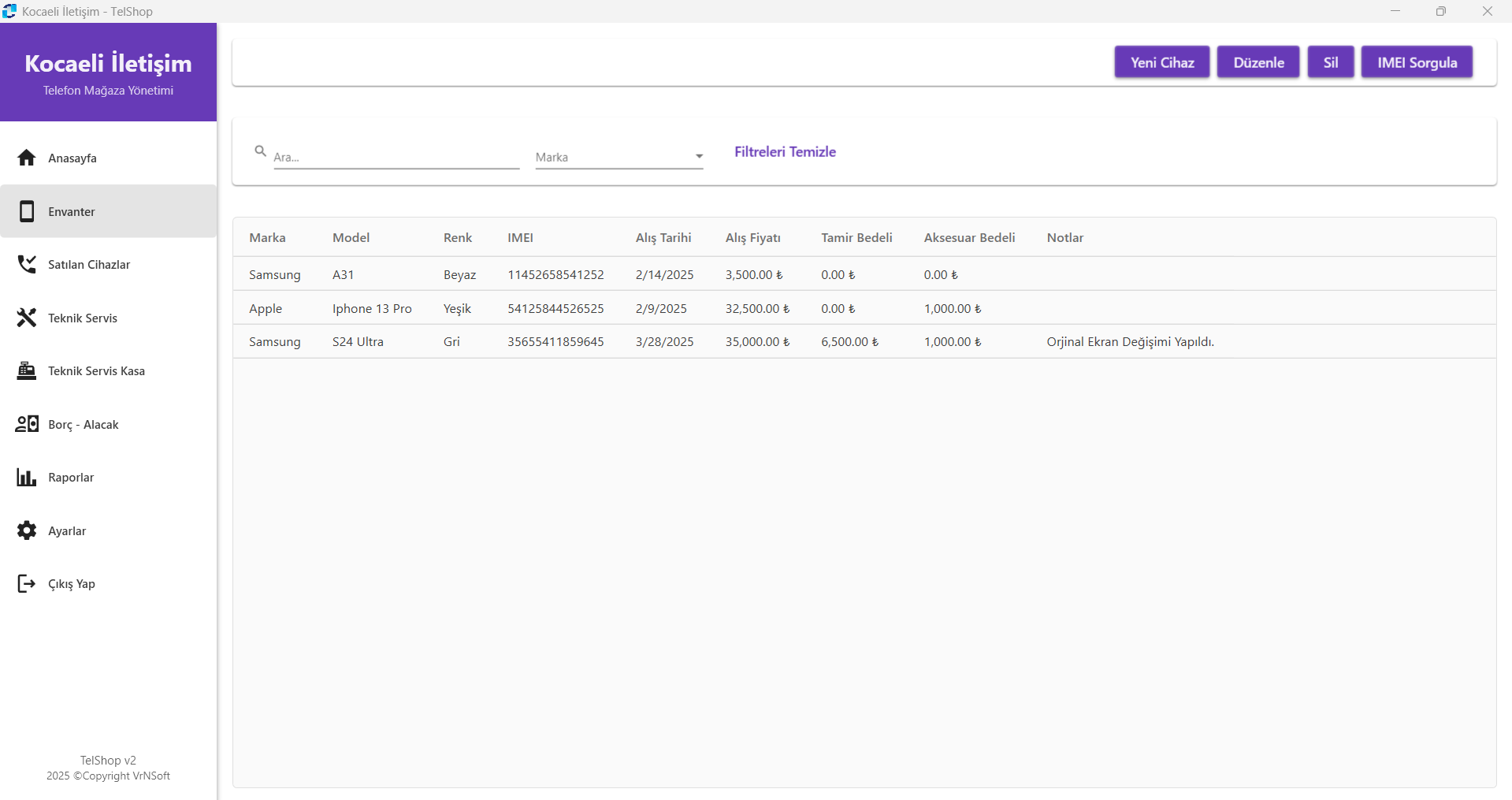 TelShop Telefon Envanteri Ekranı